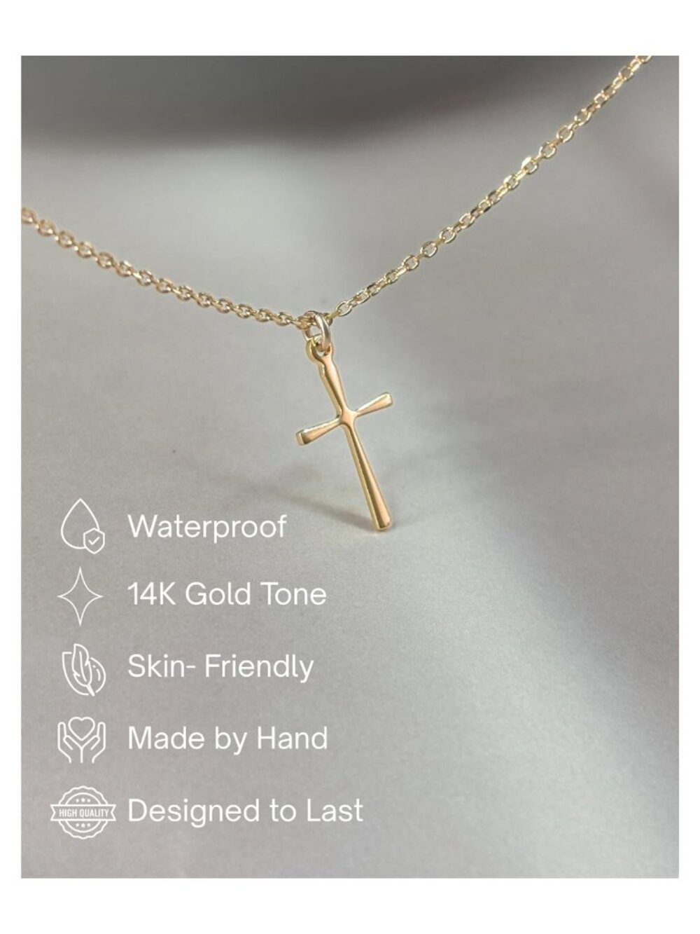 Gold Plated Stainless Steel Cross Necklace 16+2" Pendant - Picture 2 of 8